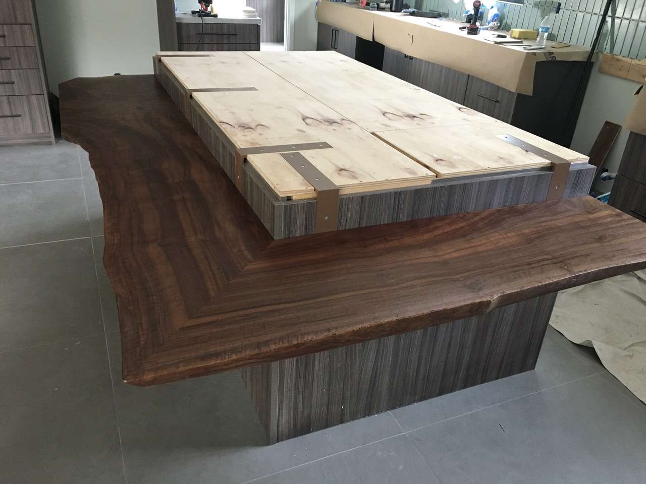 CLARO WALNUT kitchen dining top wrapped around isle